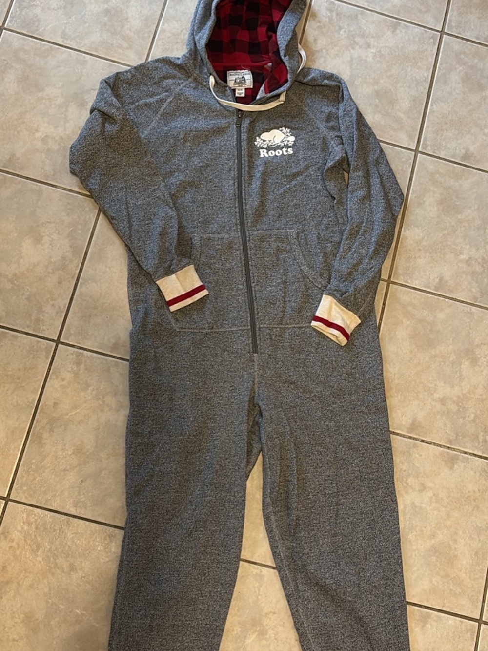 Roots Women’s Gray Hooded Footie with Red Plaid Lining